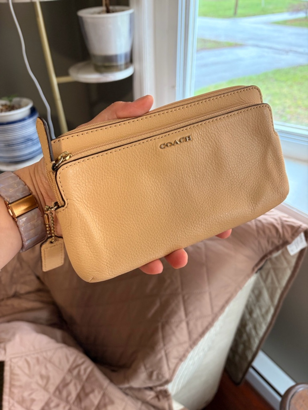 Coach Beige Pebbled Leather Wristlet Pouch with Gold Hardware
